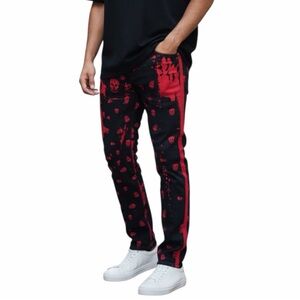 NEW FASHION Red and Black Skull Print Jeans